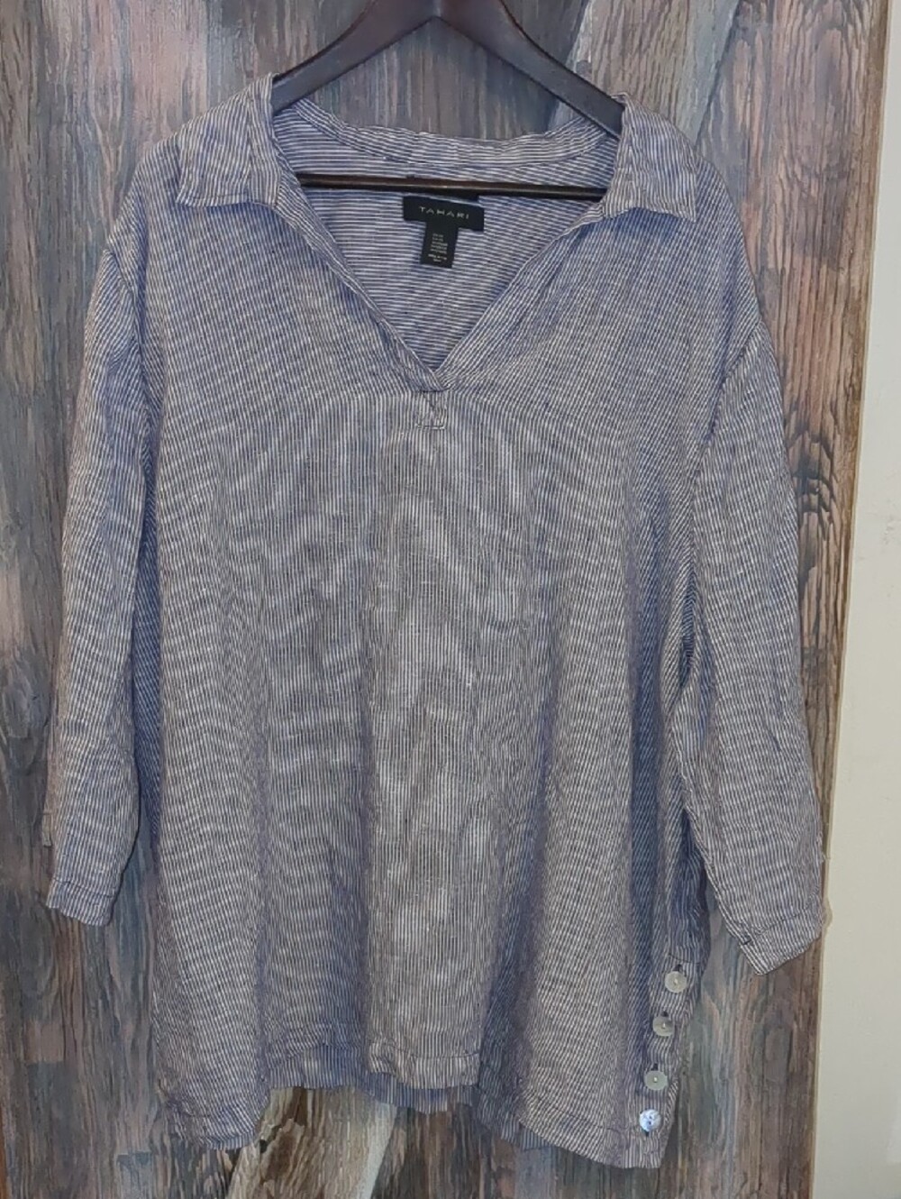 Tahari V Neck Tunic Striped Navy Purple White 100% Linen Plus Size 3XL Pullover
